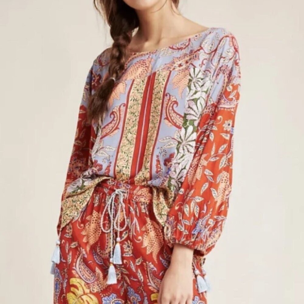 Anthropologie Sonrisa Floral Paisley Top Tasseled Boho Peasant Blouse - Medium